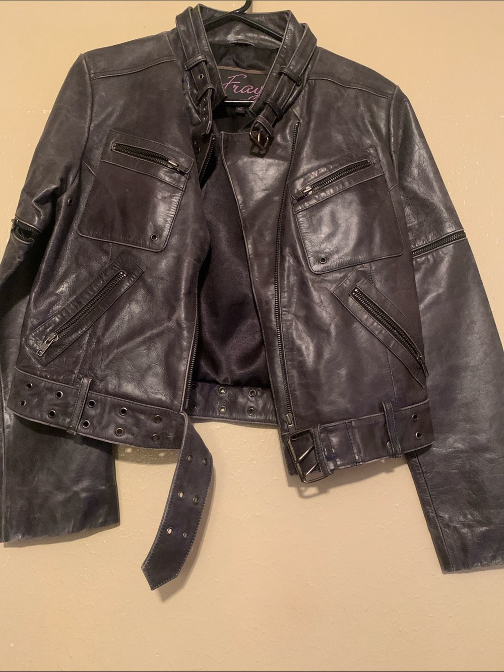 Fray 100% Leather Moto Jacket with Belt (L) - Distressed Black/Grey